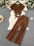 Runhufu High Street Women Lace Slim Two Pieces Suits Summer Lace Up Short Top+Wide Legs Long Pants Set Retro Lace Floral Sets