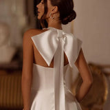 Runhufu White A-Line Wedding Dresses Halter Neck High Split Backless Bridal Gowns Boho Beach Sweep Train Wedding Gowns Custom Size
