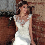 Runhufu Fascinating Round Neck New Lace Applique Mermaid Mopping Short Sleeve Gorgeous Wedding Dresses Chapel Train New 2024