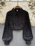 Runhufu Autumn Senior Vintage Shirt 2024 Fashion Lantern Sleeve Loose Beading Design Top Women Lapel Streetwear Diamons Blouse