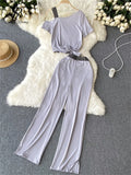 Runhufu Vacation Casual Sports Suits Summer Off Shoulder Short Camis Tops+High Waist Wide Leg Pants Women Y2K Two Pieces Sets