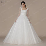 Runhufu Shinny Ivory Square Bride Wedding Dresses For Women Long Sleeves Glitter Open Back Bridal Modern Ball Gown 2024 Spring