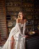 Runhufu Beach Full Lace Wedding Dresses For Bride Removable Long Sleeves Leg Slit Flowers Wedding Gowns Princess Bridal Gowns