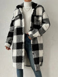 Runhufu Women's Plaids Plush Warm Coats Fashion Winter Fuzzy Fleece Long Jackets Street Long Sleeve Lapel Buttons Outerwear