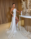 Runhufu backless side slit White mermaid Elegant Ladies Pearl Wedding dress Strapless Beach Garden New Your mother party dress