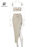 Runhufu Irregular Women Summer Sets 2024 Party Slim Solid Elastic Waist Split Sets Elegant Ladies Romantic Sexy Two Piece Sets