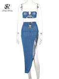 Runhufu Irregular Women Summer Sets 2024 Party Slim Solid Elastic Waist Split Sets Elegant Ladies Romantic Sexy Two Piece Sets