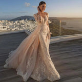 Runhufu Detachable 2 In 1 Wedding Dress Embroidered Lace Bridal Dress with Train O-Neck Fullsleeve Vintage Long Bride Gown 2025