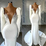 Runhufu White Satin Wedding Dress Pearls Beads V-Neck Long Sleeves Mermaid Vestidos Femenino Slim Bridal Gown Formal Party Dress