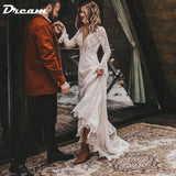 Runhufu Long Sleeves Floral Lace V Neck Boho Wedding Dress Deep V Neck Open Back Modest Rustic Civil Bridal Gown