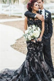 Runhufu Gothic Black Wedding Dress See-Through O-Neck Sleeveless Lace Appliques Mermaid Tulle Floor-Length Bride Prom Party Dress