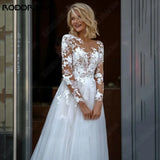 Runhufu Elegant A-Line Lace Wedding Dress Long Sleeves Scoop Neck Applique Bridal Gowns Button Plus Size Vestidos De Novia