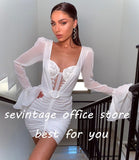 runhufu Modern Mini Mermaid Chiffon Wedding Dresses Sweetheart Long Sleeves Pleat Ruched Short Wedding Gown Bridal Gowns