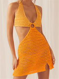 Runhufu Women Summer Halter Knitted Dress Elegant Sleeveless Deep V Cutout Backless Tie Up Short Party Dress Club Streetwear