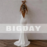 Runhufu Mermaid Wedding Dresses V-Neck Spaghetti Straps Satin Simple Bridal Gown Open Back Women Sweep Train Vestidos De Noiva