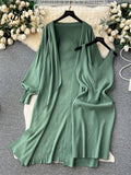 Runhufu Autumn Solid Knitted Two Pieces Suits Loose Cardigan+V Neck Tank Bodycon Mini Slim Skirt Women Streetwear Sweater Sets