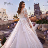 Runhufu V-Neck Wedding Dresses Plus Size Lace Long Sleeve Women White Open Back Tulle Bridal Gown Sweep Train Vestidos De Novia