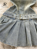 Runhufu Off the Shoulder Sexy Denim Dress 2024 Strapless Sashes Patchwork Bodycon Dress Ladies Ins Streetwear Short Sundress