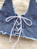 Runhufu High Quality Denim Sets Fashion Sleeveless Backless Halter Short Tank+Cross Lace up Sensual Shorts Women Sexy Suits