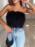 Runhufu Vintage Furry Feathers Bandeau Tube Tops Summer Chic Women Off-Shoulder Crop Tank Tops Strapless Backless Bustiers Tops