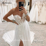 runhufu Lace Chiffon A Line Boho Wedding Dress Sweetheart Backless 2023 Appliques Sweep Bridal Gown abito da spos Sexy