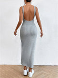 Runhufu Backless Knit Bodycon Long Dress Women's Summer Sleeveless O Neck Tank Dress Street Vacation Beach Casual Sundress