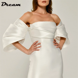 Runhufu Simple Detachable Puffy Sleeves Mini Sheath Wedding Dress Off The Shoulder Pleat Satin Strapless Bridal Gown Elegant NEW