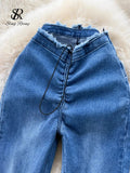 Runhufu American Retro Women Long Jeans Drawstring Zipper Design Flare Britches Streetwear Vintage Hotsweet Ins Denim Pants