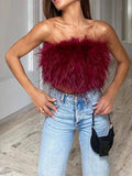 Runhufu Vintage Furry Feathers Bandeau Tube Tops Summer Chic Women Off-Shoulder Crop Tank Tops Strapless Backless Bustiers Tops