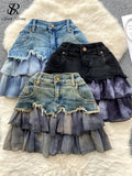 Runhufu Fashion Sexy Mini Skirt Women Chiffon Ruffled Edge Patchwork Denim Skirts American Vintage A Line Hotsweet Skirt