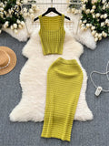 Runhufu 2024 Retro Knitted Two Pieces Sets Sleeveless Short Top+High Waist Slim Long Skirts Female Summer Hotsweet Suits