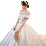 runhufu Luxury Satin Wedding Dress With Court Train Elegant Boat Neck Princess Wedding Gown plus size custom made Vestido De Noiva