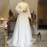 Runhufu Wedding Dresses High Neck Lace Applique Marriage Bridal Gown Moroccan Full Sleeves Lady Formal Outfits White Ivory