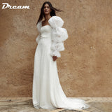 Runhufu Pearls Long Puff Sleeves Short Wedding Dress Tulle Square Neck Above Knee A Line Bridal Gowns Princess