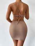 Runhufu One-Shoulder Sling Hollowed Bodycon Dress Women's Backless Tie-up Sleeveless Ruched Mini Sheath Dress Party Clubwear