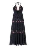 Runhufu Flower Embroidery Tie-Up Halter Neck Boho Long Dress Women's Summer Casual Sleeveless Backless A-line Beach Dress
