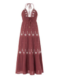 Runhufu Flower Embroidery Tie-Up Halter Neck Boho Long Dress Women's Summer Casual Sleeveless Backless A-line Beach Dress