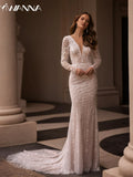 Runhufu Deep V-neck Wedding Dress Sparkly Sequins Beads Bride Robe Elegant Appliques Mermaid Long Bridal Gown Robe De Mari¨¦e