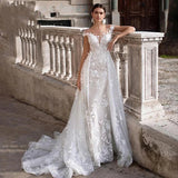 Runhufu 2 In 1 Wedding Dress Tulle Scoop Cap Sleeves Backless Lace Appliques Bridal Gowns With Detachable Train свадебное платье