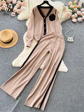 Runhufu Fashion Knitted Women Suits Single Breasted V Neck Cardigan+Wide Legs Long Pants Autumn High Street Loose Sweater Sets