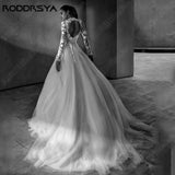 Runhufu Classic Wedding Dress For Woman Long Sleeves Backless Bride Gowns Civil A-Line Tulle Applique vestido noiva boho