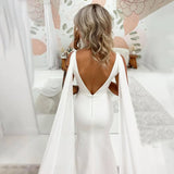 Runhufu Neck Column Crepe Wedding Dress Detachable Chiffon Shoulder Wings Custom Made Belt Simple V Neck Backless Satin Bridal Gowns