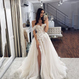 Runhufu Ladies Off Shoulder Lace Appliqué Beach Wedding Dress Boho Side High Slit Bridal Dress Sleeveless Robe De Mariée 2023 Noiva