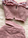 Runhufu Denim Pink Sexy Women Sets Zipper Sashes Button Pocket Irregular Strapless Backless Top Denim Skirt Two Piece Set