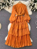 Runhufu Spring French Style Chiffon Long Dress 2024 Long Sleeve Single Breasted Fashion Belt Women A-Line Elegant Party Dress