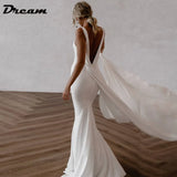 Runhufu Deep V Neck Crepe Detachable Train Mermaid Wedding Dress 2024 Plain Sleeveless Open Back Simple Bridal Gowns Elegant