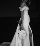 Runhufu A Line Satin Long Wedding Dresses For Bride Formal Off The Shoulder Leg Slit Bridal Gowns Special Party Gowns 2024