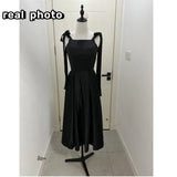 Runhufu Satin Wedding Dresses Fashion Spaghetti Straps Vintage Square Collar Bridal Dress Black Simple Sexy Backless Suknia Slubna