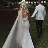 Runhufu Elegant Crepe Cowl Neck Mermaid Wedding Gown For Brides Simple Backless Draped Satin Spaghetti Straps Bridal Dress 2024