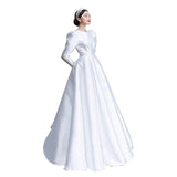 Runhufu O-neck Long Sleeve Wedding Dress Classic Zipper Floor-length Vestido De Noiva Luxury Small Train Satin Robe De Mariee